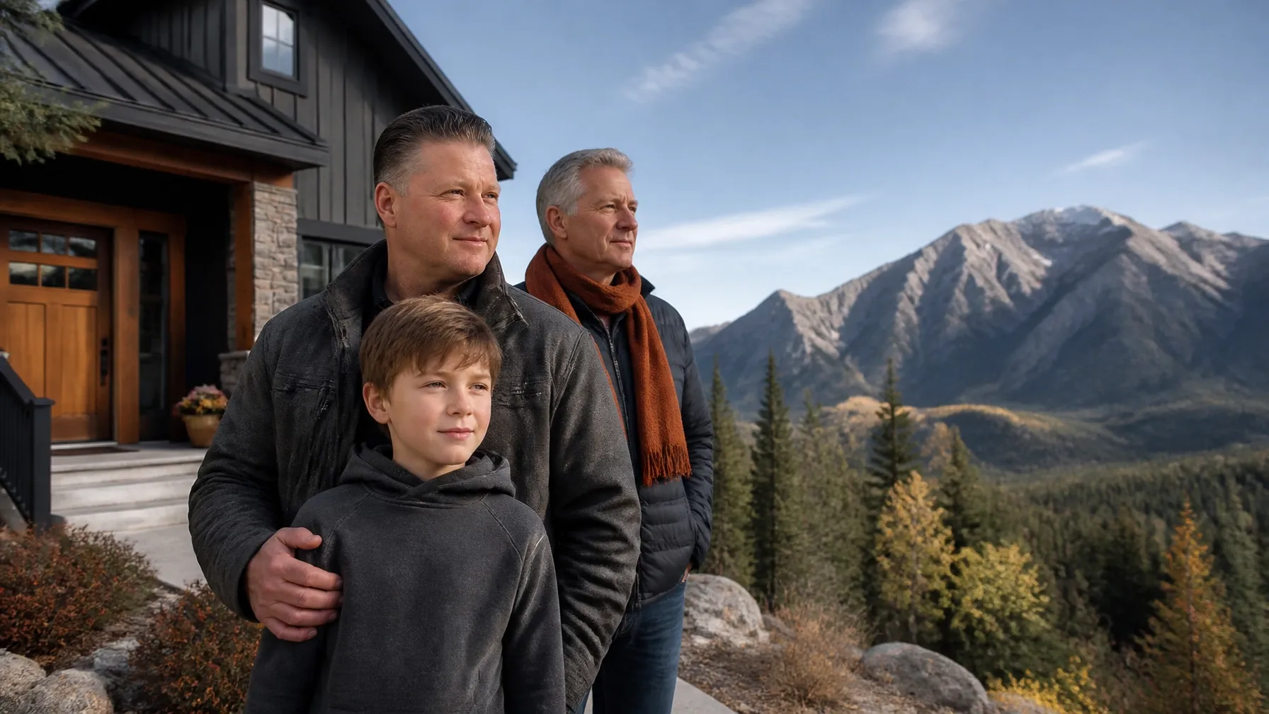 Canadian family standing outside their home with mountain peaks in the background
